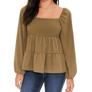 Paper Crane Olive Green Smocked Long Sleeve Boho Fairy Spring Summer Blouse Top